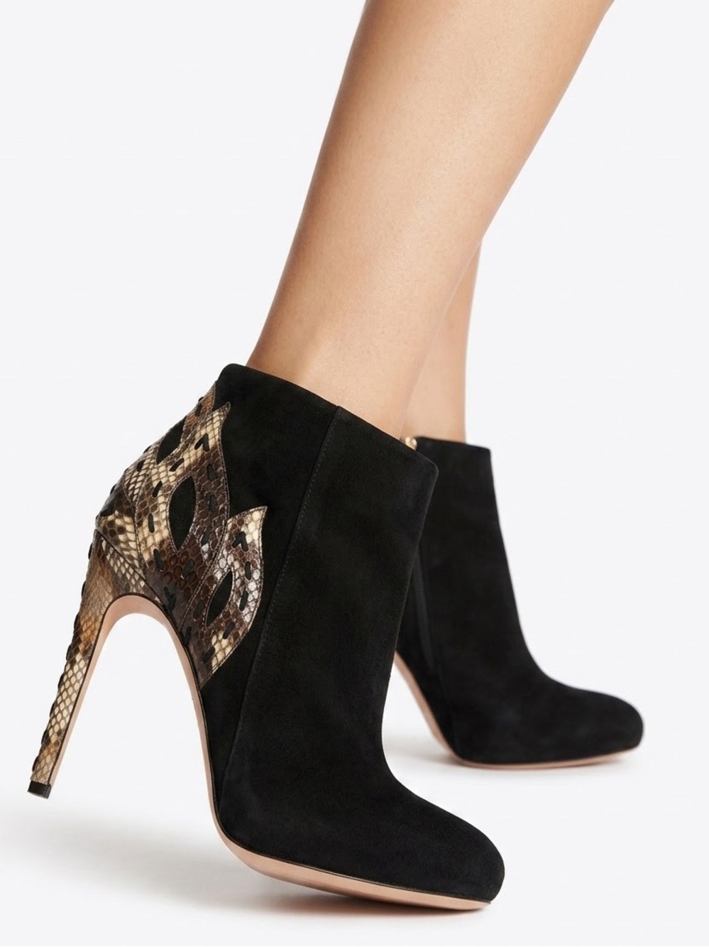 Alexandre Birman Black Suede Snakeskin Flame Heel Ankle Boots Heels Sz 39.5